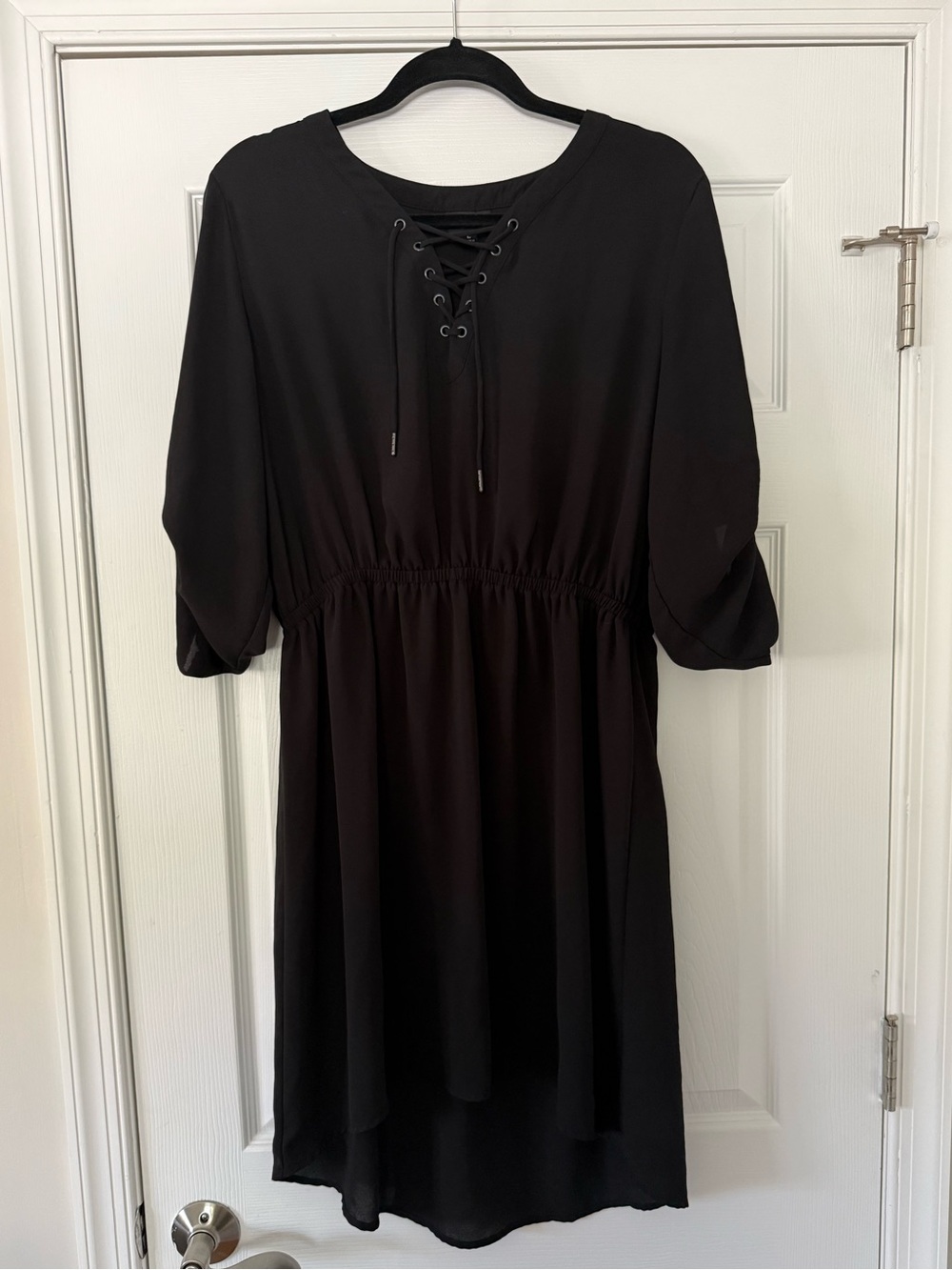 Black Lace-Up Waist Tie Women's Dress
